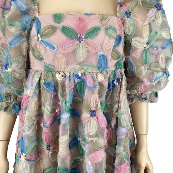 Storia Womens Dress Size Small Stacy Sequins Floral Puff Sleeve Babydoll - Picture 6 of 11